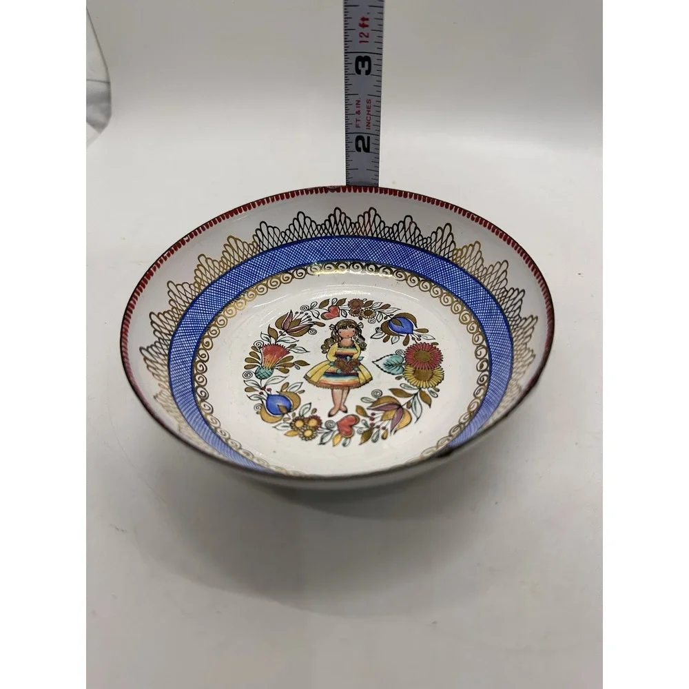Hand Painted Austrian Folk Art‎ Bowl Girl Floral Design Austria Vintage